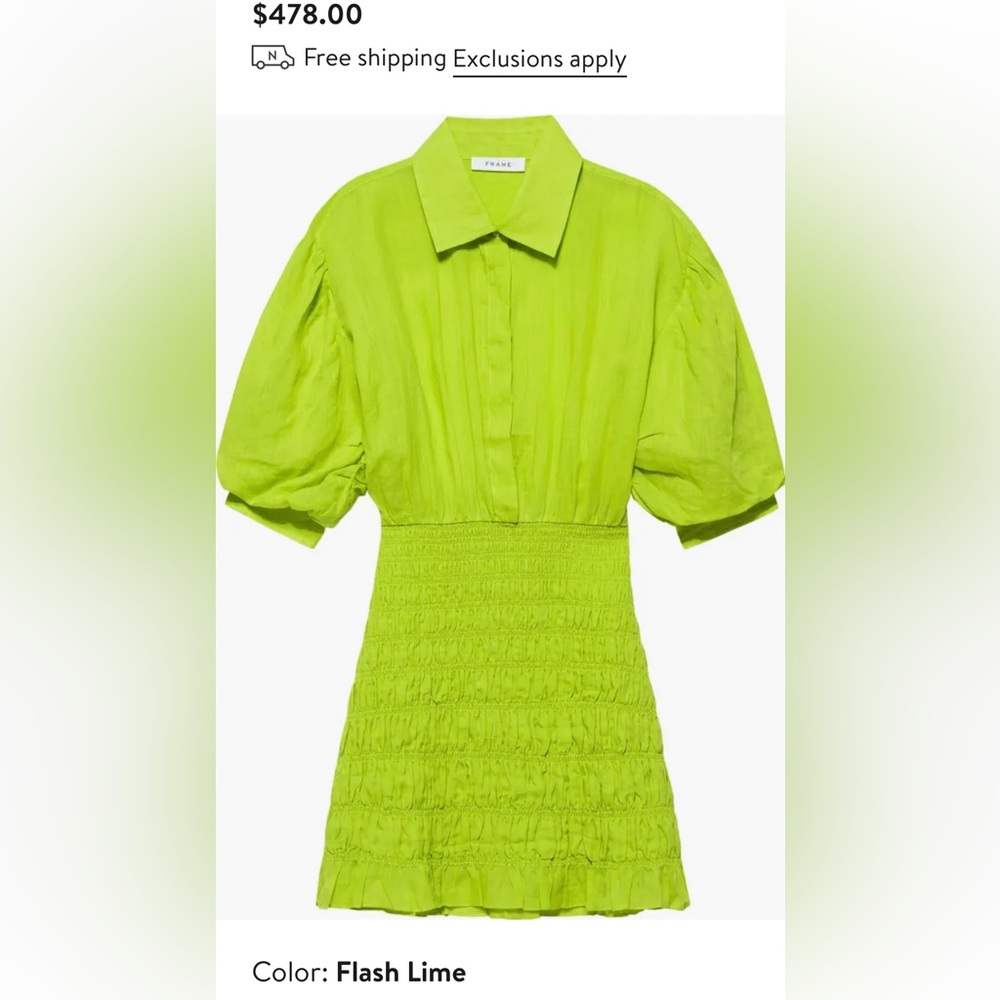 Frame Shirred Puff Sleeve Ramie Shirtdress Size XS